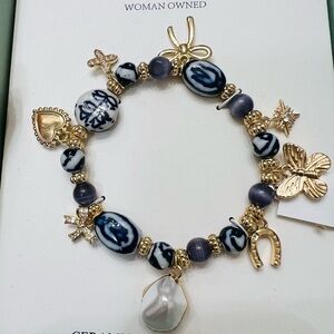 Atterri Chinoiserie Ceramic Stretch Gold Charm Bracelet